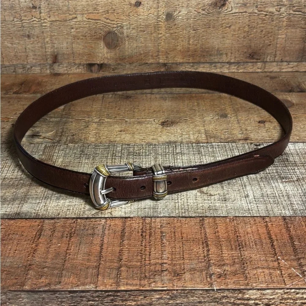 VTG Fossil Belt Womens Large Brown Leather 2-Tone Silver Brass Buckle Band
